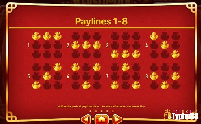 8 hàng thanh toán trong slot game Wealth Inn chủ đề Trung Hoa của Habanero