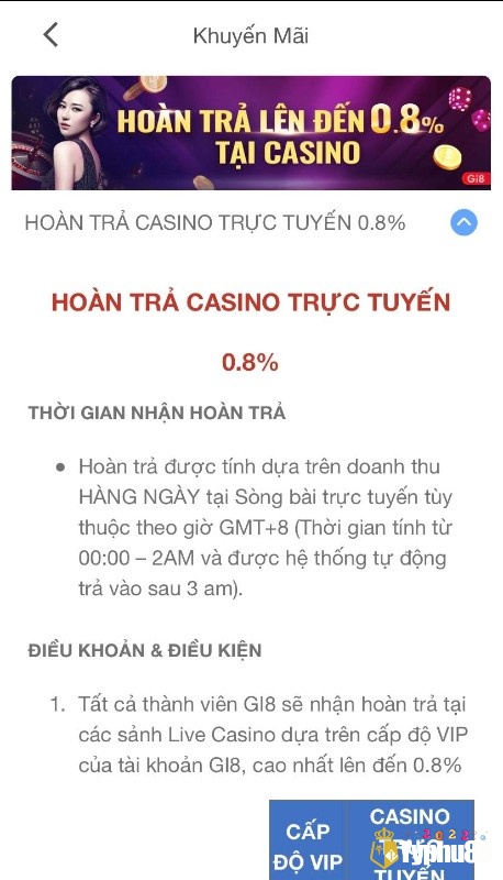 Live casino hoàn trả cho cược thủ lên đến 0.8%