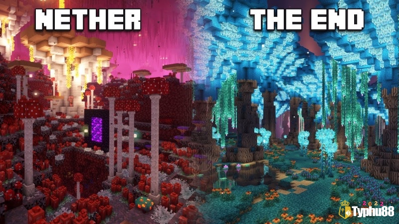 The Nether và The End là những chiều không gian đầy thách thức nhưng chứa nhiều tài nguyên quý.