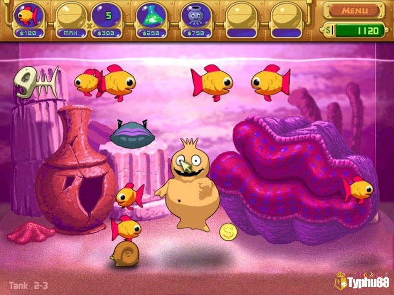 Bể cá trong Insaniquarium Deluxe với cá nhả tiền vàng và quái vật ngoài hành tinh.