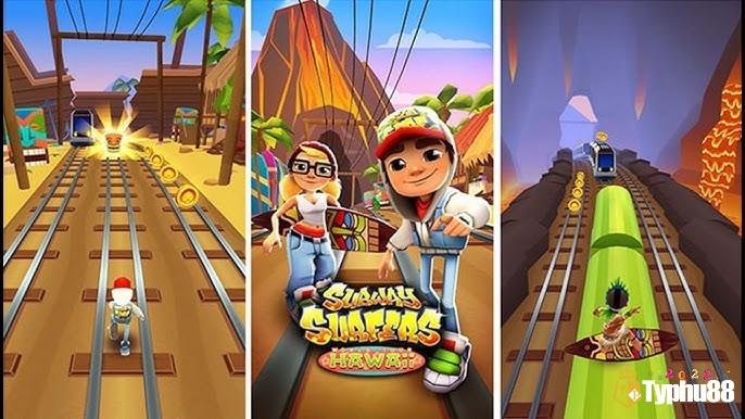 Game giải trí cho IOS với nhân vật Subway Surfers đang chạy và né chướng ngại vật và thu thập vàng