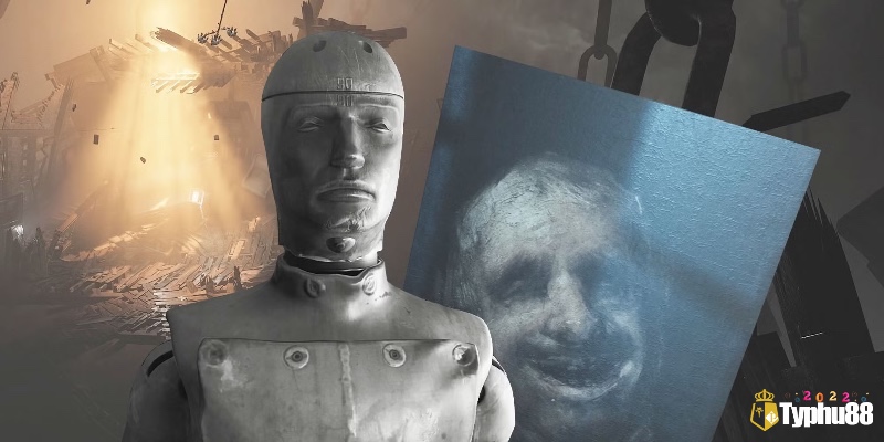 Cận cảnh một bức tượng/người máy có khuôn mặt vô hồn, phía trước là một bức tranh sơn dầu ám ảnh với khuôn mặt tối tăm trong game Layers of Fear (2023)