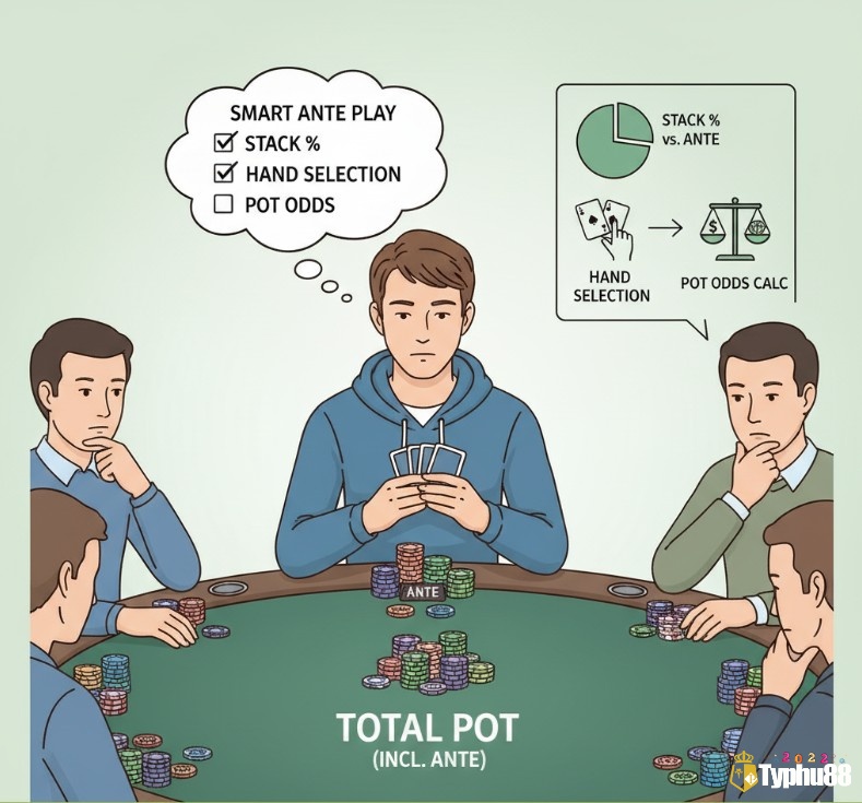Người chơi quản lý vốn khi có Ante bet, cân nhắc bài và tính pot odds để đưa ra quyết định thông minh