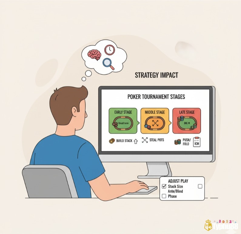 Người chơi điều chỉnh chiến lược Poker theo từng giai đoạn giải đấu, từ đầu đến cuối, ứng phó với Ante bet