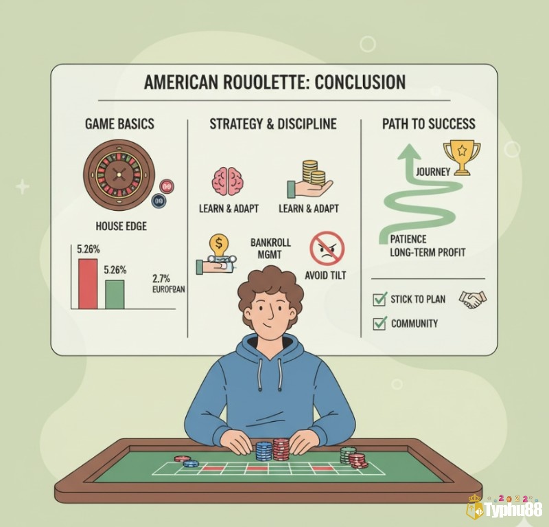 Người chơi roulette đúc kết bài học về Roulette American là gì, từ luật chơi, chiến thuật đến quản lý vốn và tâm lý, hướng tới thành công bền vững