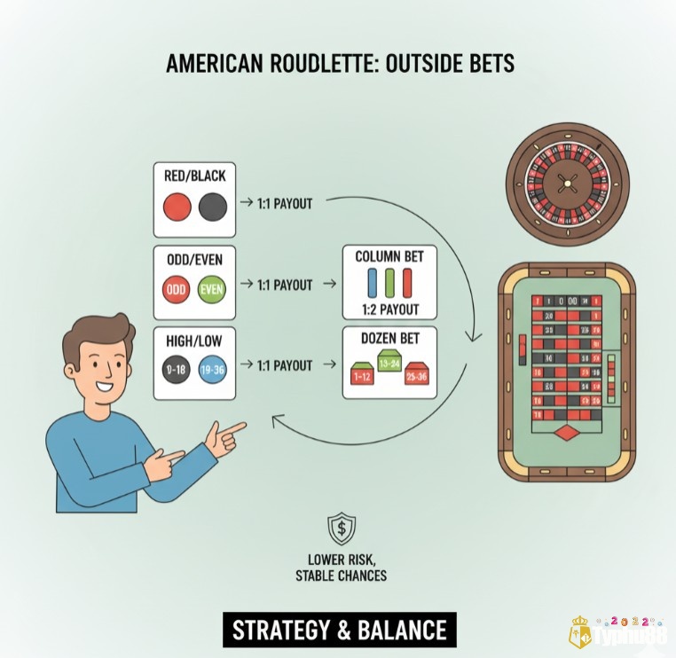 Người chơi roulette lựa chọn các loại cược ngoài như màu, chẵn/lẻ, lớn/nhỏ, cột hoặc tá để tối ưu hóa chiến lược