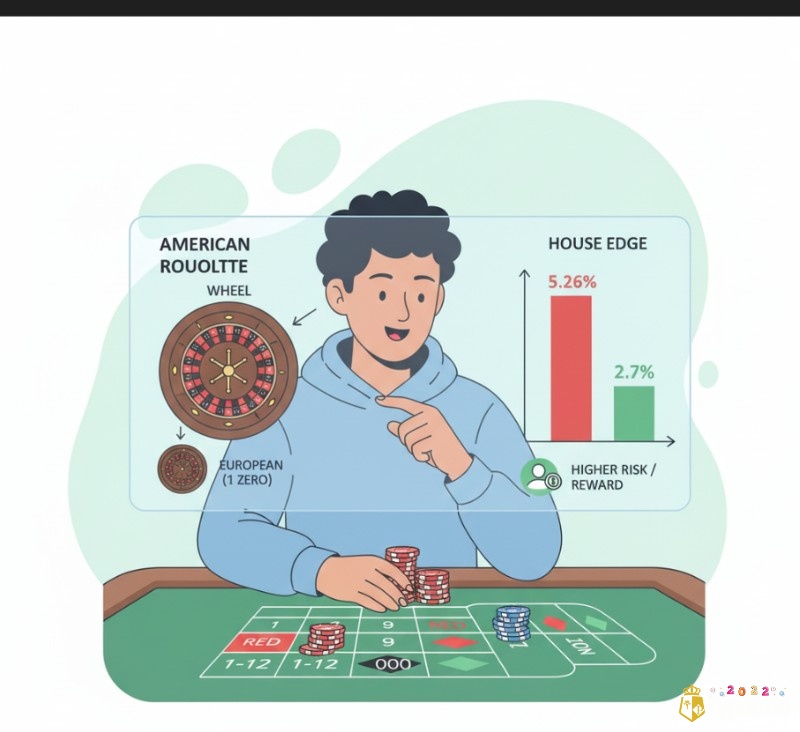 Người chơi tìm hiểu cấu trúc bánh xe và bàn cược Roulette American với hai ô số 0 và 00, khác biệt so với Roulette Châu Âu