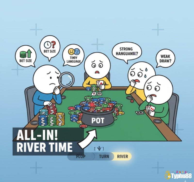 Người chơi poker phân tích cược, thời gian và ngôn ngữ cơ thể đối thủ để chọn thời điểm "all-in" chiến lược