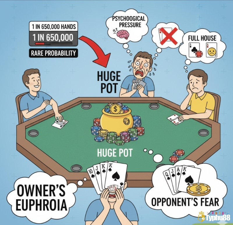 Người chơi poker trải nghiệm cảm giác mạnh khi có thùng phá sảnh, trong khi đối thủ lo lắng về xác suất và tâm lý trận đấu