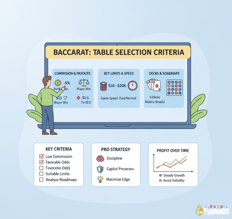 Người chơi Baccarat online xem xét các tiêu chí như hoa hồng, giới hạn cược và số bộ bài để tối ưu hóa chiến lược và lợi nhuận
