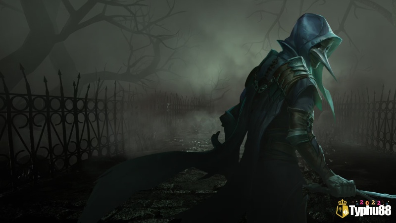 Corvus trong game Thymesia giữa thị trấn đổ nát vì dịch bệnh