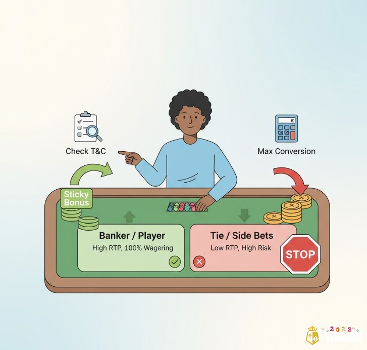 Người chơi Baccarat ưu tiên cược Banker/Player để tối đa hóa chuyển đổi vòng cược bonus, tránh cược Tie rủi ro cao