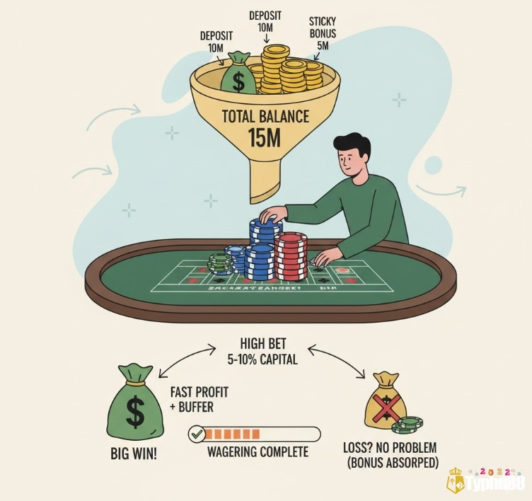 Người chơi baccarat sử dụng chiến lược "High-Variance, High-Reward" để tối ưu hóa sticky bonus và hoàn thành vòng cược