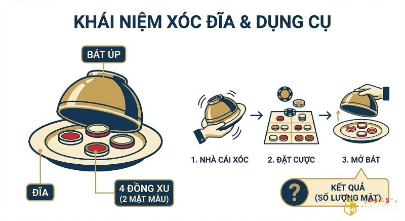 Tổng quan khái niệm và dụng cụ chơi xóc đĩa gồm bát, đĩa, 4 đồng xu 2 mặt màu cùng quy trình 3 bước cá cược
