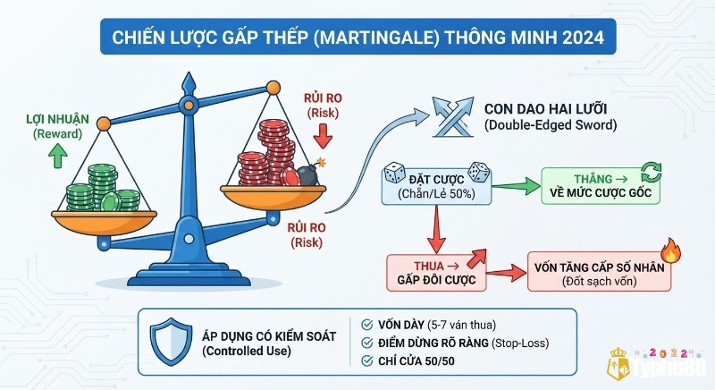 Sơ đồ giải thích chiến lược Gấp thếp (Martingale) thông minh 2024, làm rõ lợi nhuận, rủi ro và cách áp dụng có kiểm soát