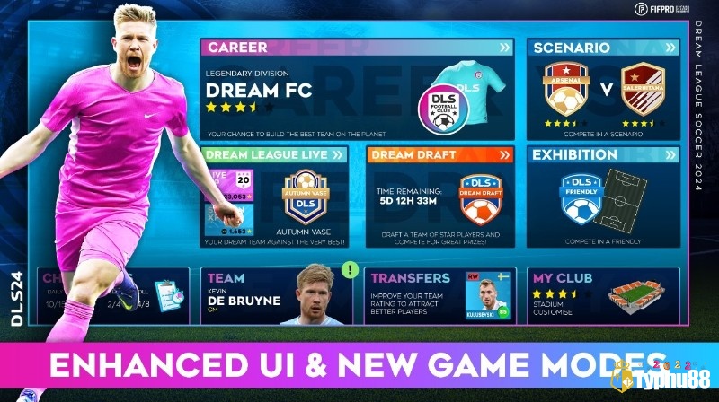 Giao diện Dream League Soccer 2024 trên điện thoại với đội hình và cảnh ghi bàn