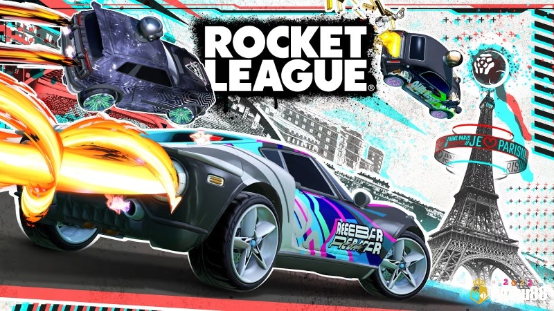 Xe trong Rocket League bay lên chạm bóng trước khung thành trong sân đấu tương lai