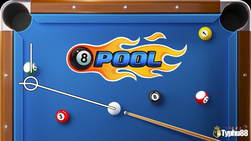Bàn bida 8 Ball Pool với bi mục tiêu, đường ngắm và thanh lực cú đánh