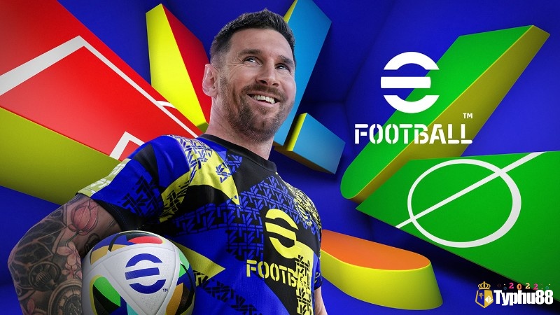 Trận đấu eFootball 2024 với góc quay sân vận động và tình huống tranh chấp bóng