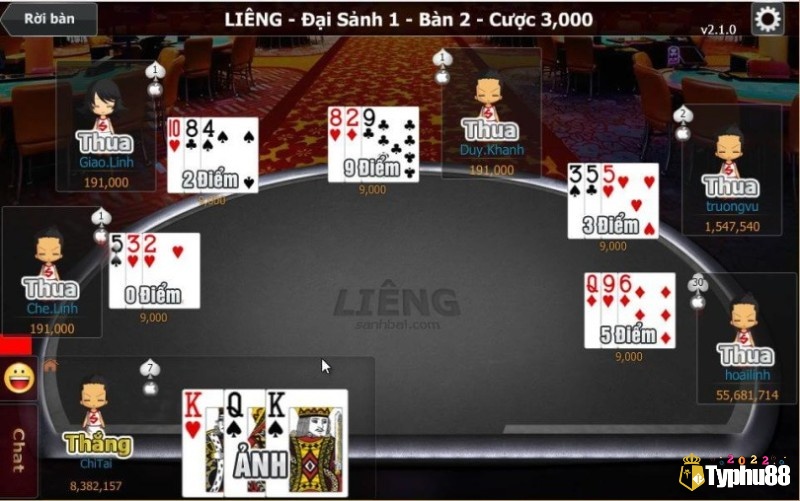 Tổng điểm bài liêng được tính dựa trên giá trị lá bài theo quy định