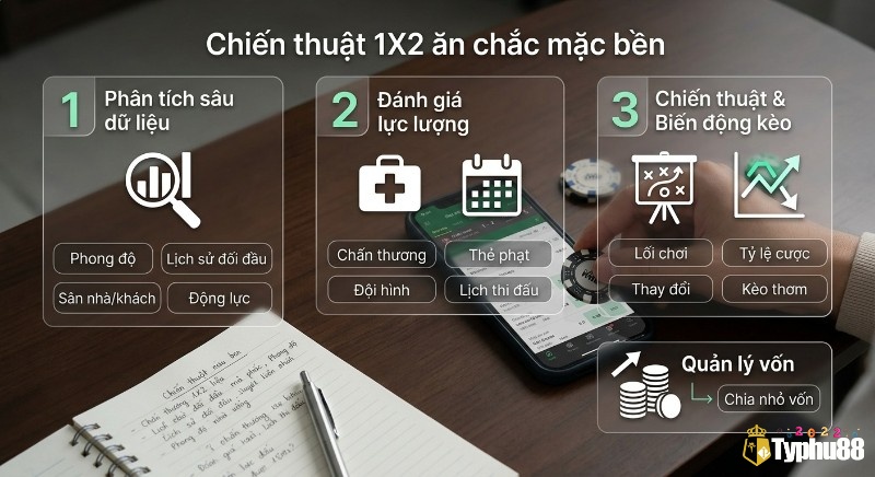 Quy trình 3 bước chiến thuật 1X2, phân tích dữ liệu, đánh giá lực lượng, biến động kèo, kết hợp quản lý vốn chặt chẽ