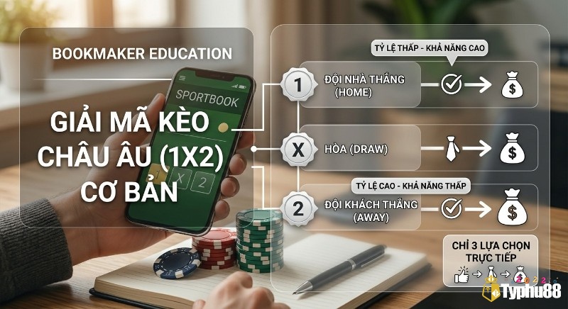 Sơ đồ hướng dẫn giải mã kèo Châu Âu 1X2 cơ bản, trình bày rõ 3 lựa chọn đội nhà thắng, hòa, đội khách thắng và ý nghĩa tỷ lệ cược
