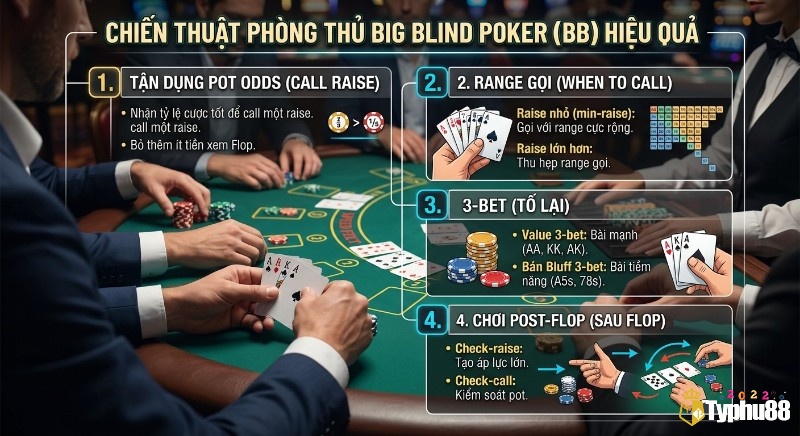 Tổng quan 4 chiến lược phòng thủ Big blind: tận dụng pot odds, range gọi, 3-bet và cách chơi post-flop