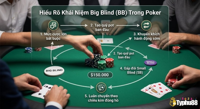 Giải thích Big blind poker là gì, bằng sơ đồ 5 bước, mô tả cược bắt buộc, quỹ pot và luân chuyển