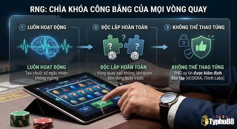 Cơ chế 3 bước của RNG là chìa khóa công bằng mọi vòng quay: luôn hoạt động, độc lập hoàn toàn và không thể thao túng