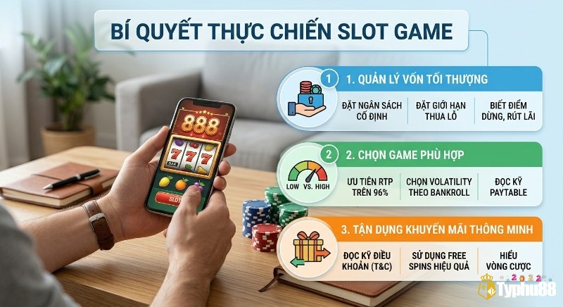 Checklist 3 bí quyết thực chiến để thắng lớn game slot: quản lý vốn, chọn game RTP cao và tận dụng khuyến mãi thông minh