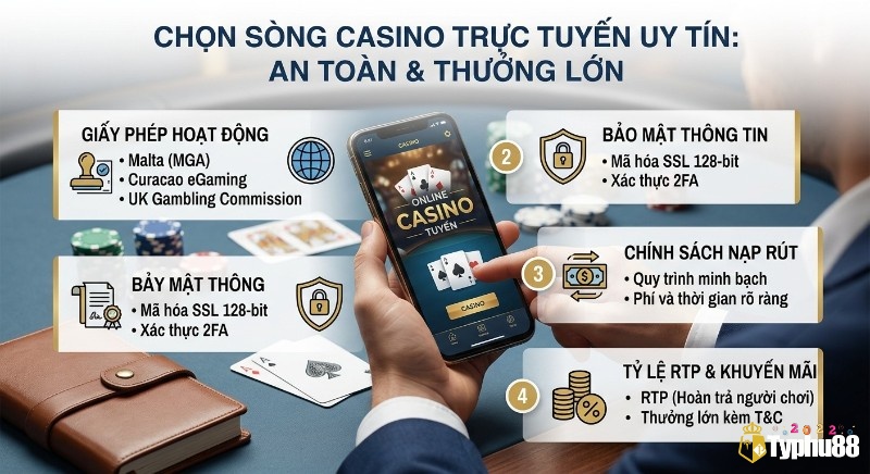 Checklist 4 tiêu chí hàng đầu chọn sòng casino trực tuyến uy tín: giấy phép, bảo mật, nạp rút, RTP & khuyến mãi