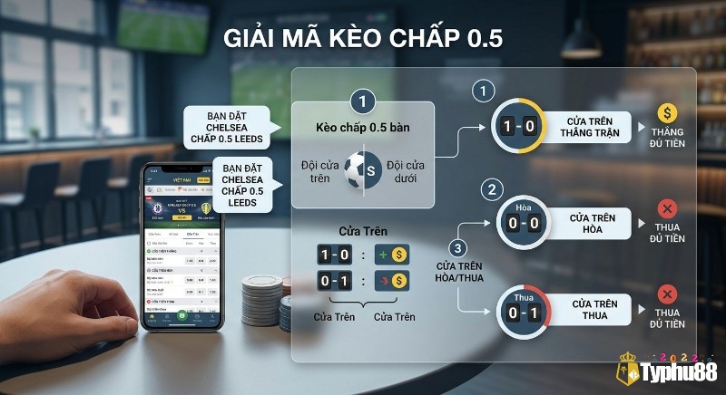 Sơ đồ giải thích kèo chấp 0.5 bàn, phân tích các trường hợp cửa trên thắng, hòa, thua để xác định thắng đủ hay thua đủ tiền cược