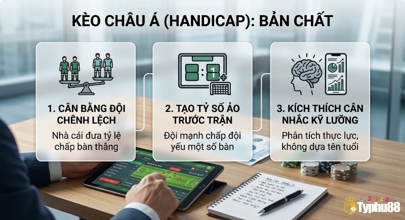 Bản chất Kèo châu Á (handicap) là gì tóm tắt qua 3 điểm chính: cân bằng chênh lệch, tạo tỷ số ảo và kích thích phân tích kỹ lưỡng