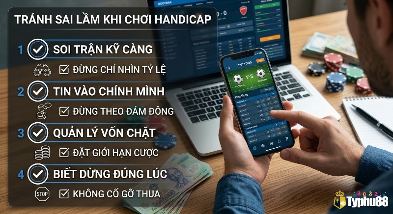 Checklist 4 nguyên tắc vàng tránh sai lầm khi chơi kèo Handicap: soi trận kỹ, tin bản thân, quản lý vốn và biết dừng