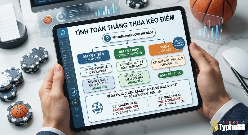Sơ đồ hướng dẫn tính toán thắng thua kèo điểm một cách chi tiết, áp dụng cho đặt cược cửa trên, cửa dưới, Push kèm ví dụ thực chiến