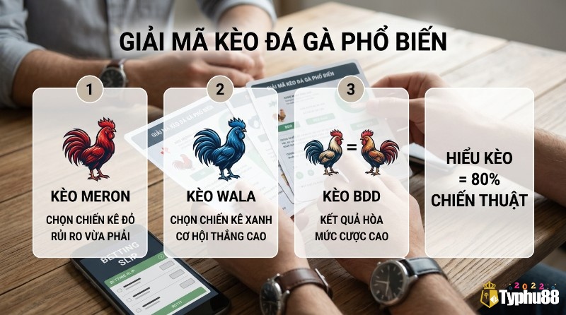 Giải mã các loại kèo đá gà phổ biến: Meron (gà đỏ, rủi ro vừa), Wala (gà xanh, thắng cao), BDD (hòa, cược cao), hiểu kèo là 80% chiến thuật