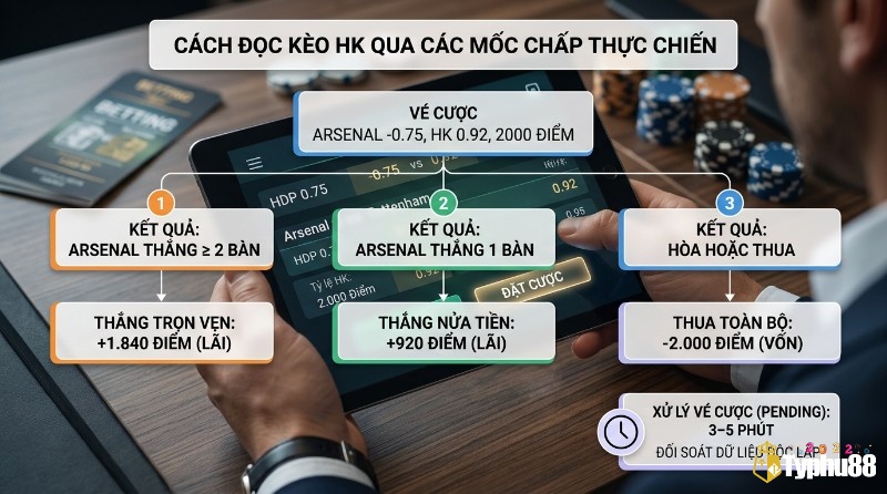 Cách đọc kèo bóng đá hồng kông, ví dụ Arsenal -0.75, HK 0.92, 2000 điểm, thắng trọn vẹn +1840, thắng nửa +920, thua -2000