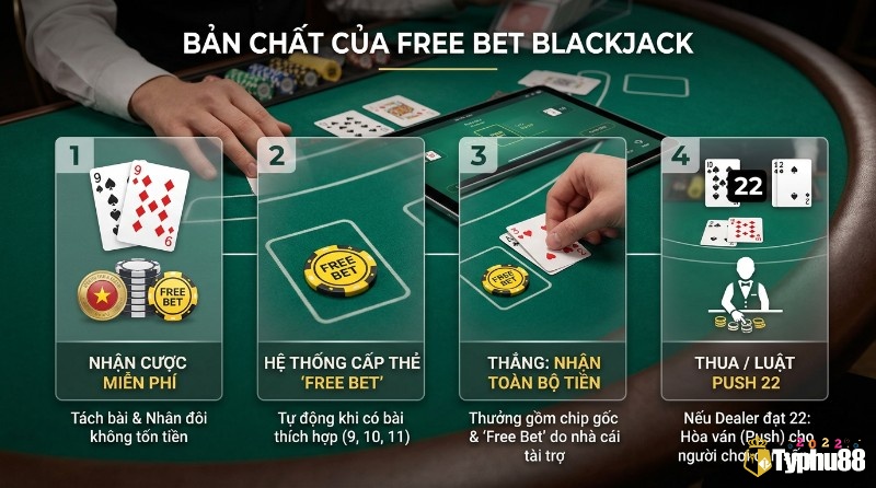 Bản chất Free Bet Blackjack là gì với quy trình 4 bước: nhận cược miễn phí, hệ thống cấp thẻ 'Free Bet', thắng nhận toàn bộ tiền, thua khi nhà cái đạt 22 điểm