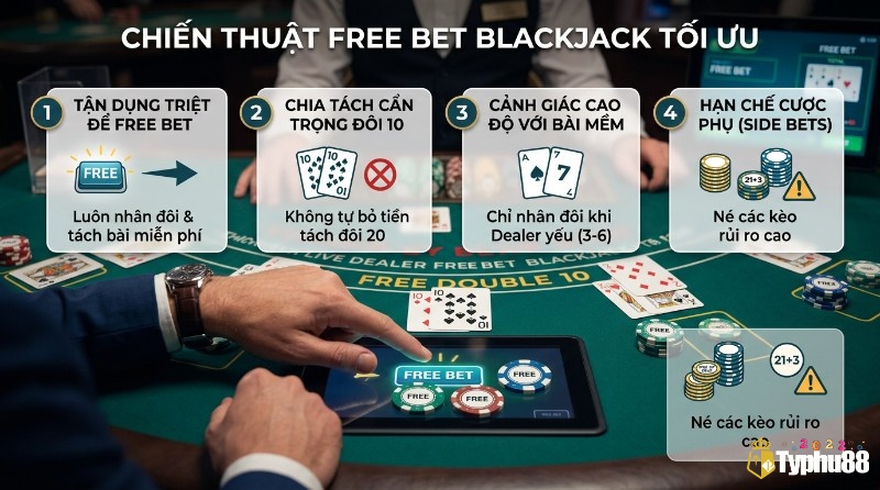 Chiến thuật Free Bet Blackjack là gì tối ưu: tận dụng cược miễn phí, không tách đôi 10, cảnh giác bài mềm, hạn chế cược phụ