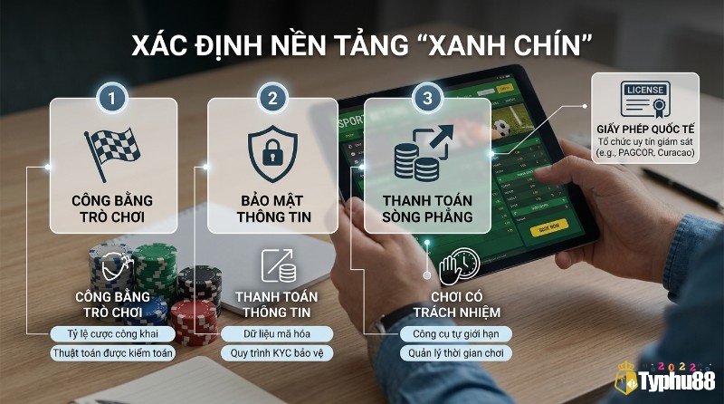 Xác định nền tảng xanh chín với giấy phép quốc tế (PAGCOR, Curacao), công bằng trò chơi, bảo mật thông tin, thanh toán sòng phẳng, chơi có trách nhiệm