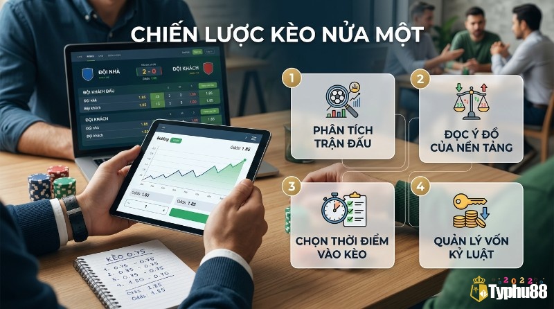 Chiến lược thực chiến kèo nửa một bóng đá: người chơi xem kèo nửa một bóng đá, odds 1.85, phân tích trận đấu, đọc ý đồ nền tảng, chọn thời điểm vào kèo, quản lý vốn kỷ luật