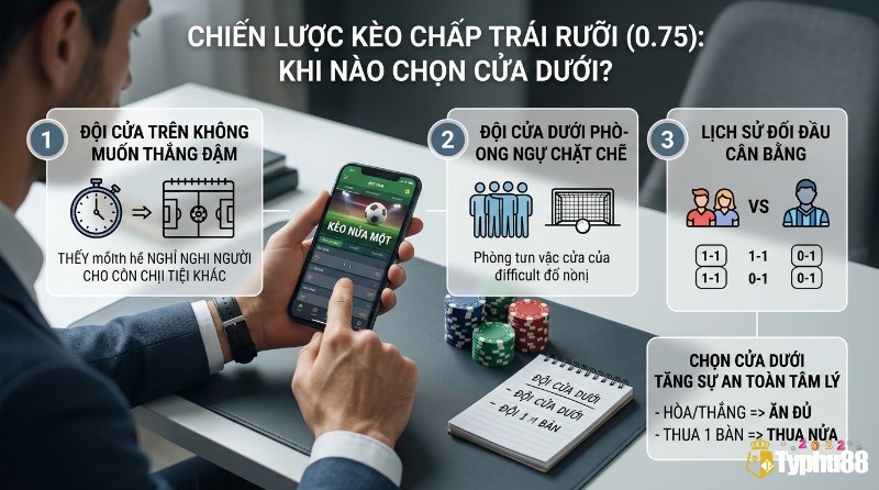 Chiến lược đặt cược cửa dưới kèo chấp 0.75: khi đội trên không muốn thắng đậm, đội dưới phòng ngự chặt, lịch sử đối đầu cân bằng, mang lại an toàn tâm lý