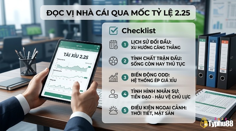 Đọc vị nhà cái qua mốc tỷ lệ kèo tài xỉu 2.25 là gì với checklist 5 yếu tố: lịch sử đối đầu, tính chất trận đấu, biến động odd, nhân sự, điều kiện ngoại cảnh