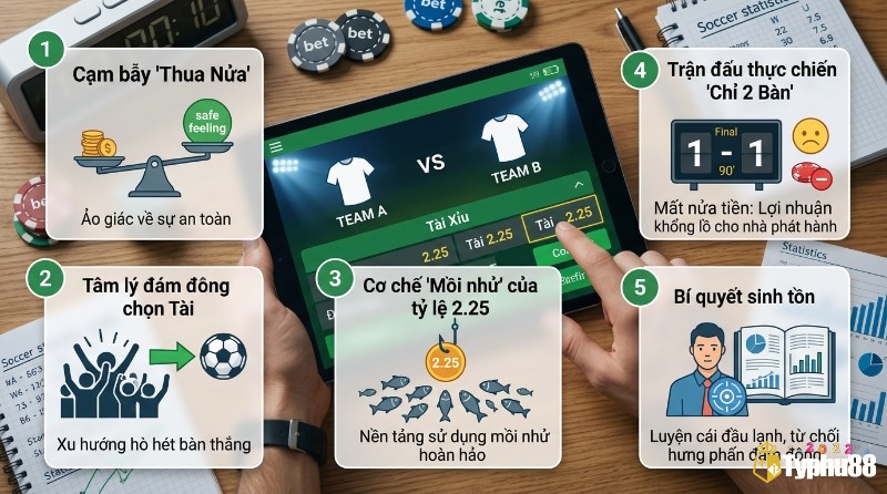Phân tích cạm bẫy "thua nửa" kèo tài xỉu 2.25 là gì: ảo giác an toàn, tâm lý đám đông chọn Tài, mồi nhử tỷ lệ 2.25, trận đấu 1-1 mất nửa tiền, cần cái đầu lạnh