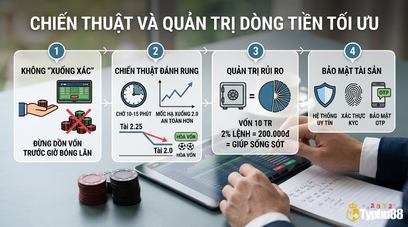 Chiến thuật và quản trị dòng tiền tối ưu: không dồn vốn, đánh rung chờ Tài 2.0, quản lý rủi ro 2% vốn, bảo mật KYC/OTP