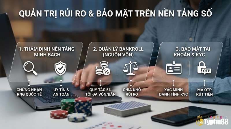 Quản trị rủi ro và bảo mật trên nền tảng số với 3 bước: thẩm định nền tảng minh bạch, quản lý bankroll 5%, và bảo mật tài khoản KYC, OTP rút tiền