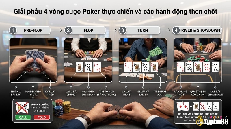 Luật chơi poker cơ bản cho người mới: 4 vòng cược Poker, Pre-flop nhận bài tẩy, Flop lật 3 lá chung, Turn lật lá thứ 4, River & Showdown lật lá thứ 5, kèm các hành động Call, Fold, Bet, Raise