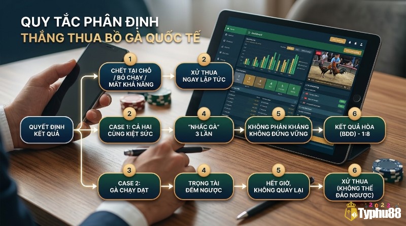 Quy tắc phân định thắng thua bồ gà quốc tế: xử thua ngay lập tức, hòa 1:8 khi kiệt sức, và thua khi bỏ chạy, hiển thị trên màn hình