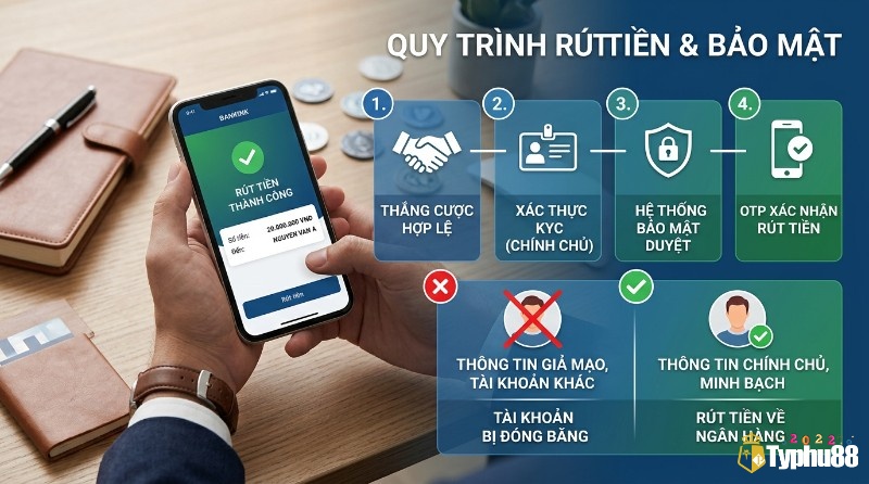 Quy trình rút tiền và bảo mật với xác thực KYC, OTP, thông tin chính chủ để tránh gian lận, hiển thị rút thành công 20.000.000 VND
