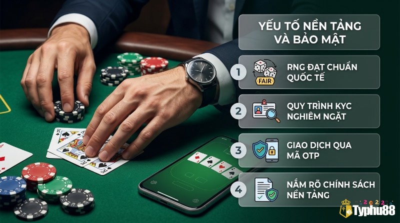 Yếu tố nền tảng và bảo mật trò chơi xác suất: Người chơi poker trên bàn xanh, điện thoại hiển thị game bài, cùng các yếu tố RNG chuẩn, KYC, OTP, chính sách nền tảng